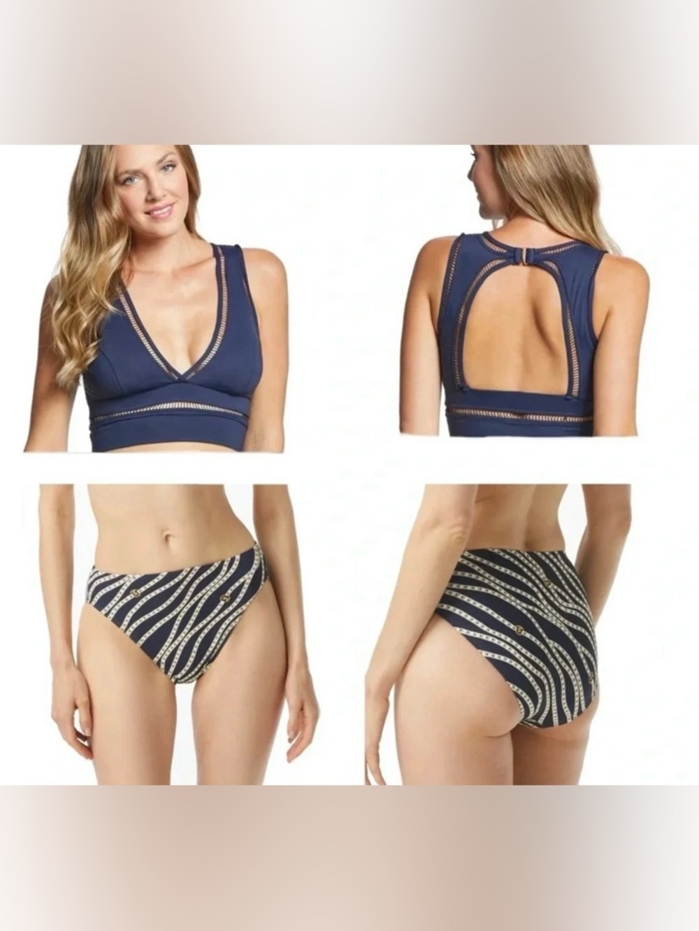 Michael Kors Solid Deep V Crop Bikini Top Large Navy Blue and Bottom Size Large